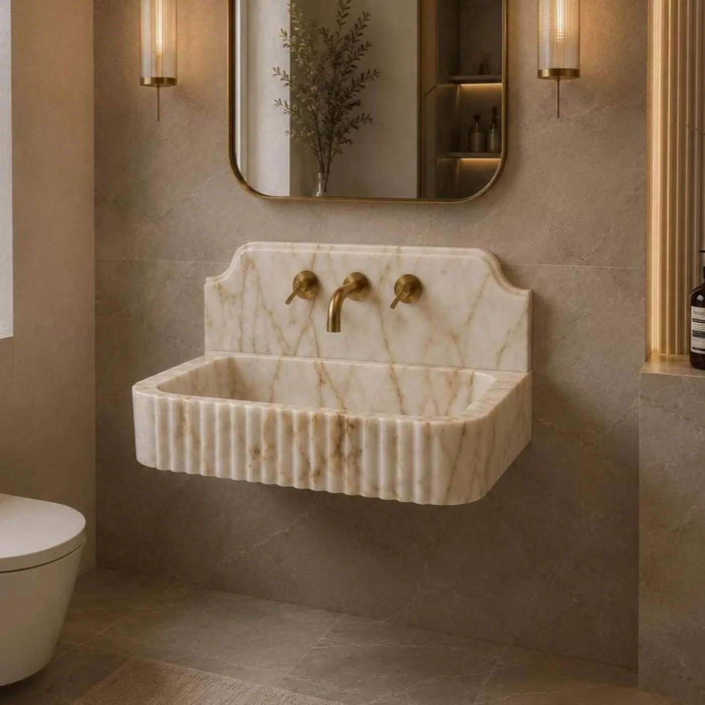 Calacatta Gold marble, white ground with gold veins, fluted front