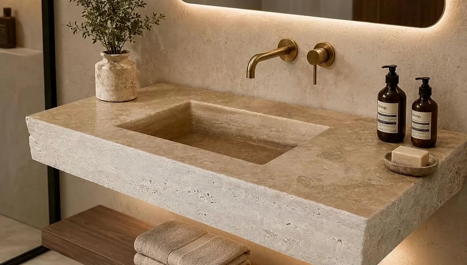 A travertine trough sink with a brass wall tap, lit by afternoon sun