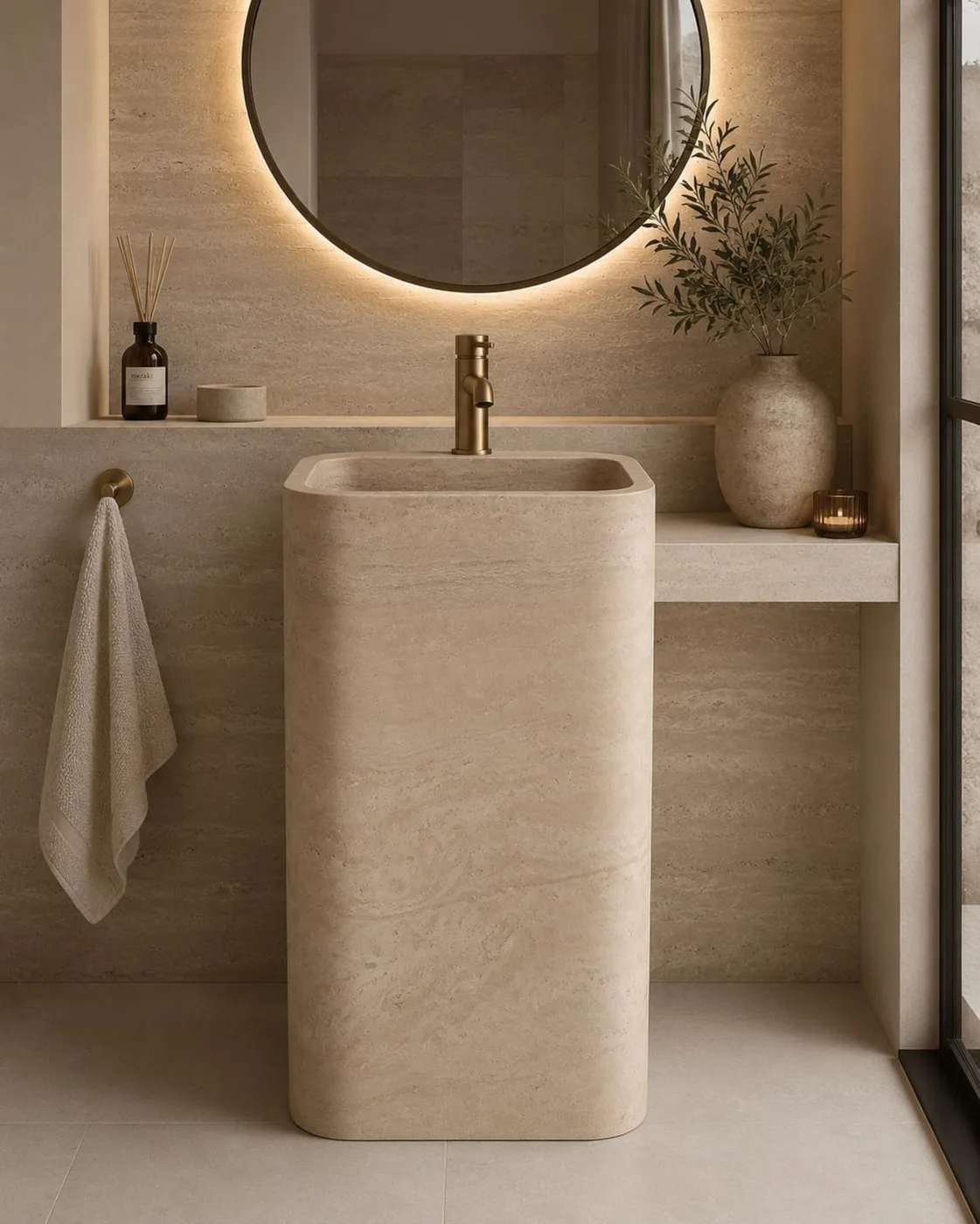 Freestanding travertine pedestal sink